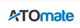 ATOmate with black and blue text and arrow graphic